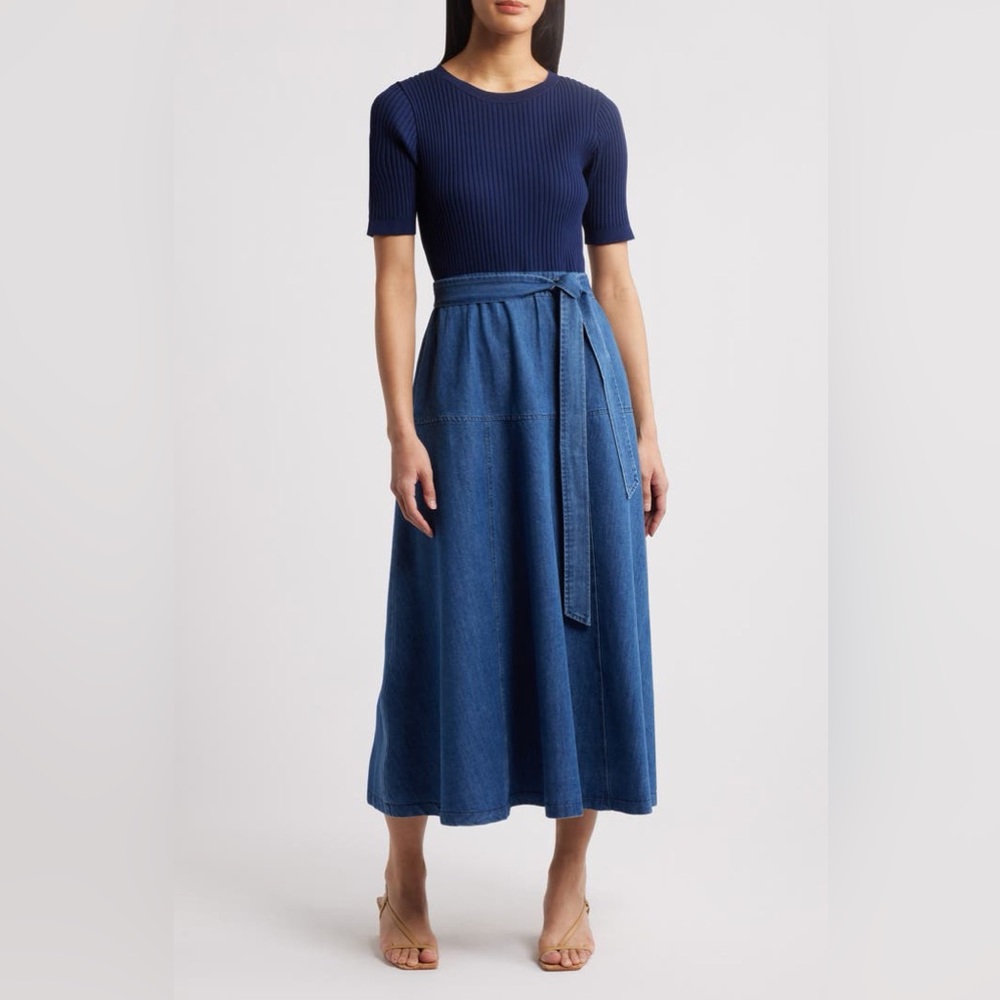 Nordstrom Navy Rib Knit Top with Denim Blue Midi Skirt